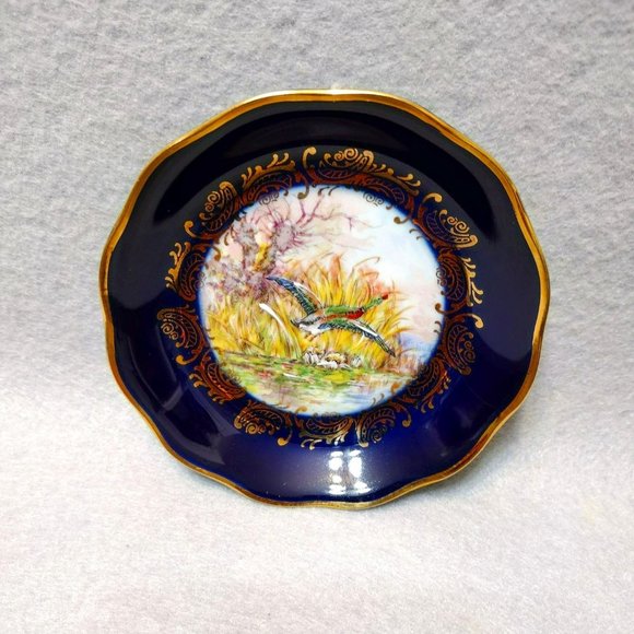 Vintage Limoges France Ring Dish, Cobalt Blue Gold, Flying Duck Coaster Trinket - Picture 1 of 6